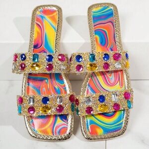 Veloura Colorful Rhinestone Sandals Women Sparkly Summer Slide Flats